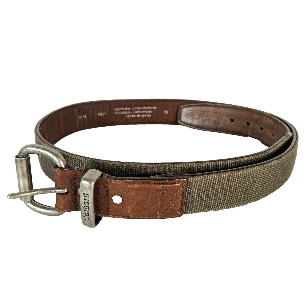 Carhartt Brown Leather Moss Green Canvas Webbing Belt Men Size 46 A159